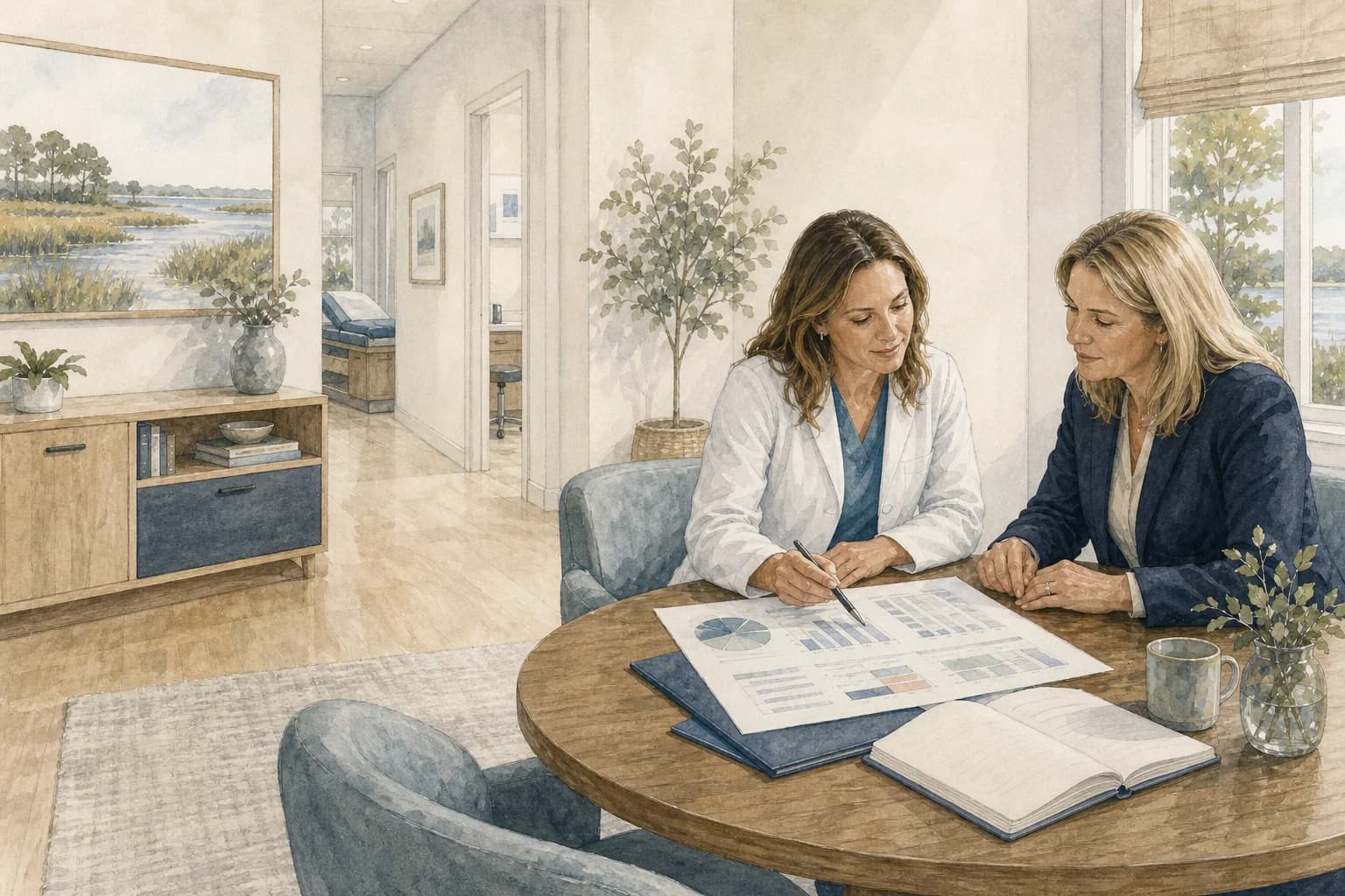 Watercolor illustration of two people reviewing reports at a table in a medical practice
