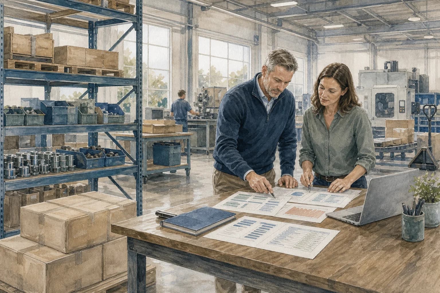 Watercolor illustration of two people reviewing operating reports on a production floor
