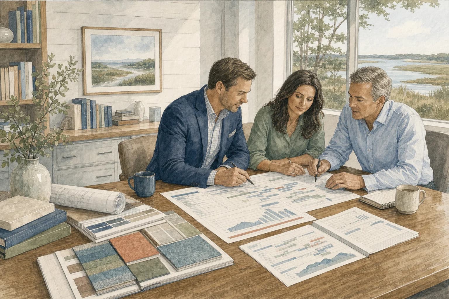 Watercolor illustration of colleagues reviewing project and financial plans in a studio office