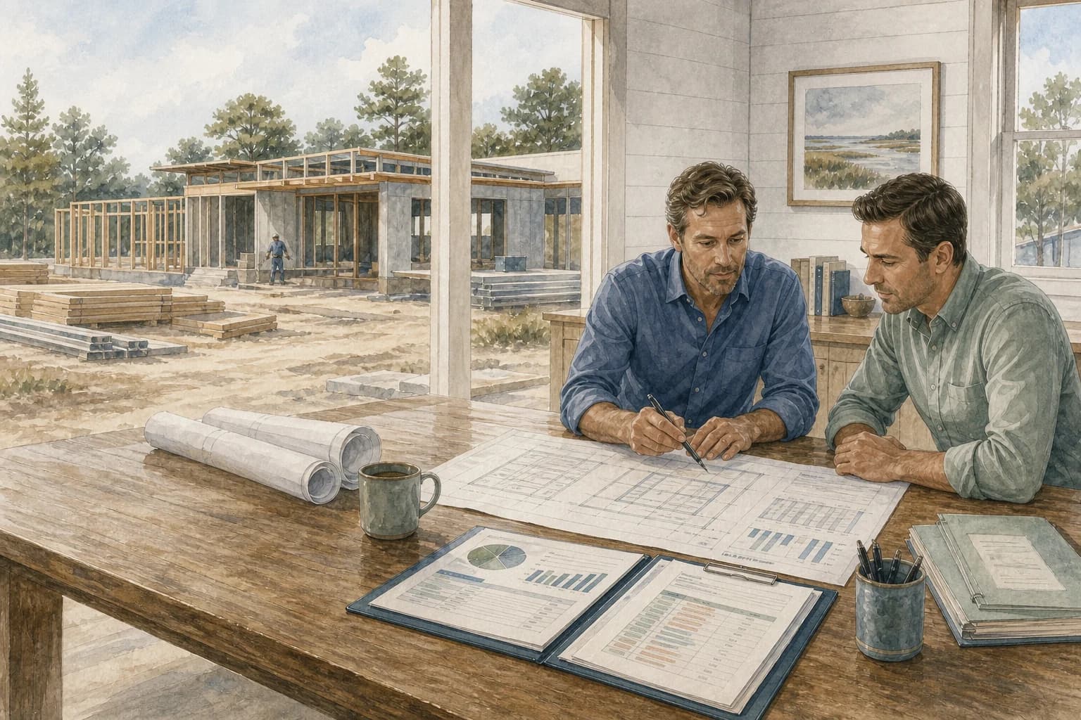 Watercolor illustration of two people reviewing project plans beside a construction site