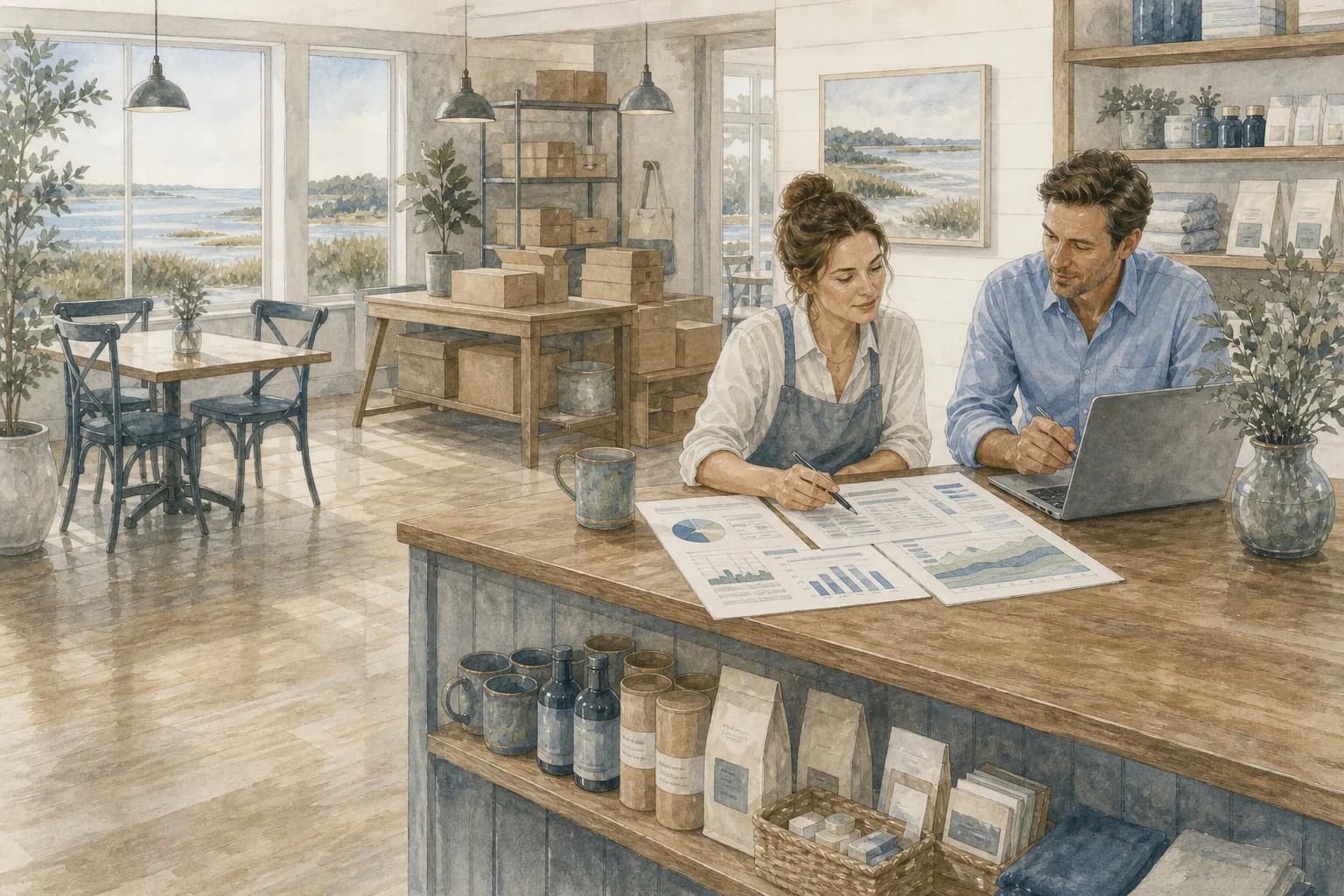 Watercolor illustration of two people reviewing sales and inventory reports in a shop