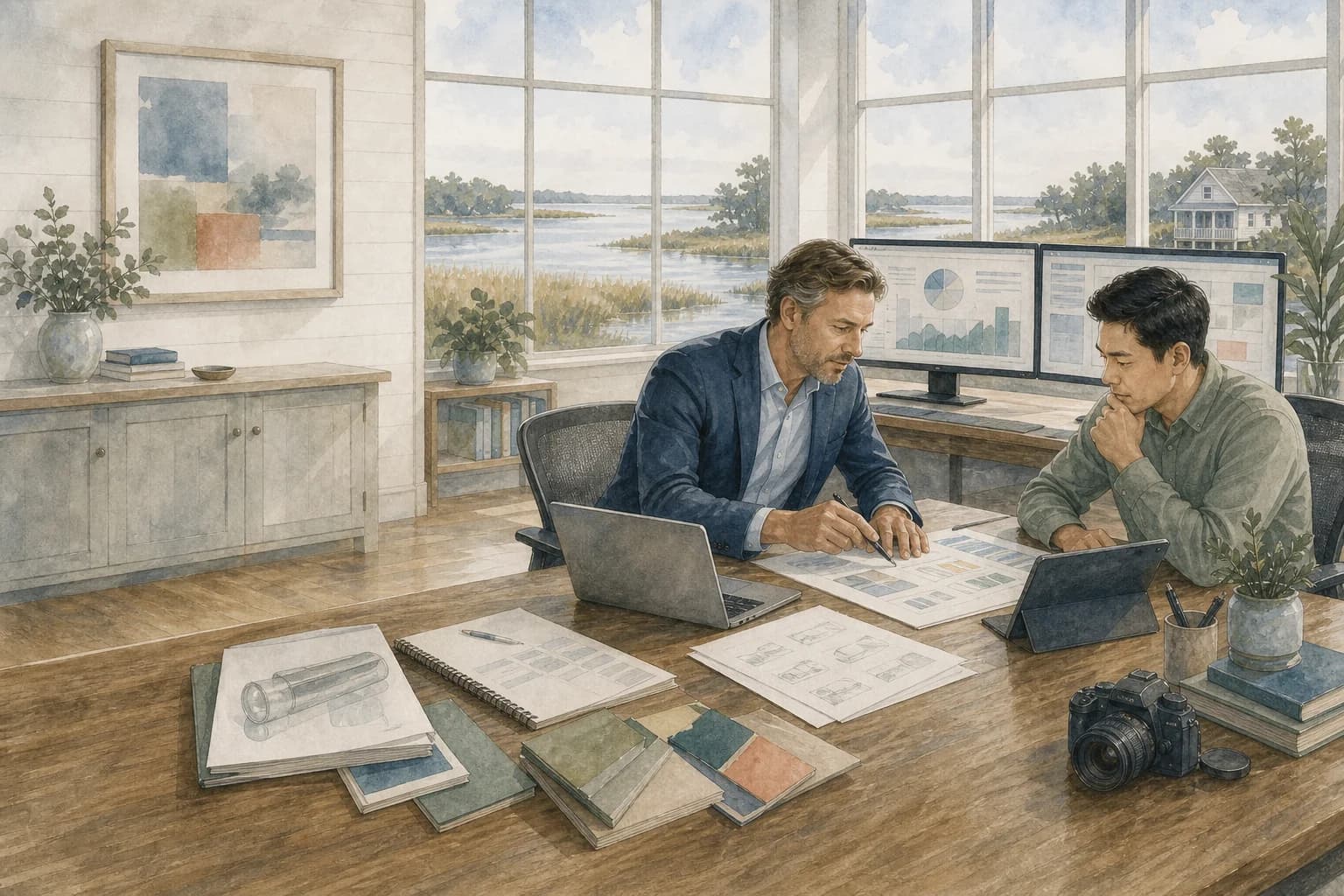 Watercolor illustration of two people reviewing plans on screens in a creative studio